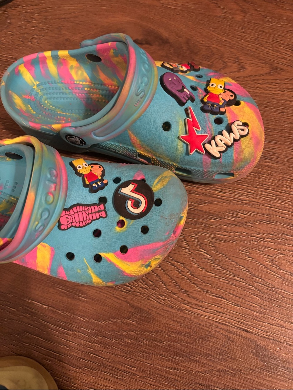 CROCS Kids Tie-Dye Blue Pink Yellow Slip-On Clogs with Charms